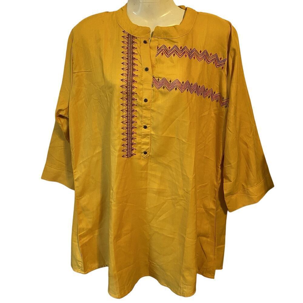 LyMi Embroidered Top Tunic 3XL Gold Artist Vacation Beach 3/4 Sleeve Largenlook